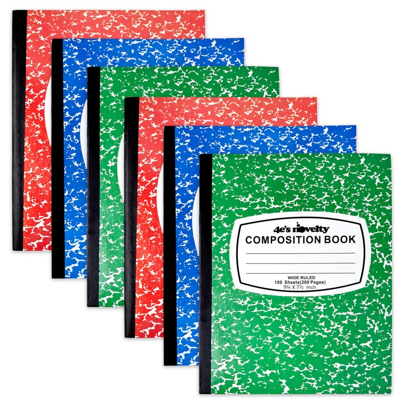 4E's Novelty Wide Ruled Composition Notebooks - Pack of 6- Hard Cover 100 Sheets 9.75" x 7.5" - Red Blue Green Cute Marble Colors, Bulk Compositon Book Wide Ruling, Back to School Supplies - Image 2